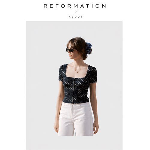 【现货】About Reformation新款藏青波点方领短袖上衣复古甜美风