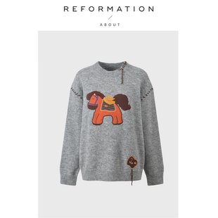 Reformation小马刺绣宽松减龄毛衣慵懒风针织上衣 About 现货