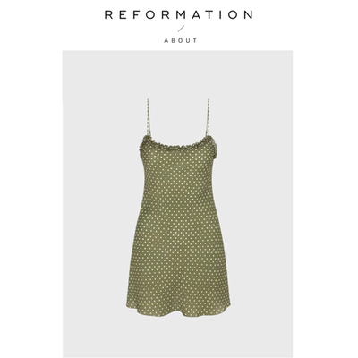 【现货】About Reformation夏同款方领斜裁真丝吊带修身短款法式