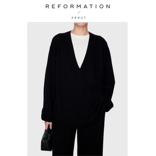 【现货】About Reformation小众极简羊毛大V领上衣针织衫灰色毛衣