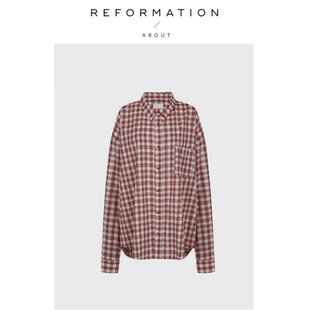 Reformation中村一叶拼色薄格纹廓形宽松衬衣上衣 About 现货