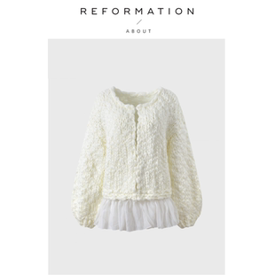 Reformation粗针下摆荷叶边拼接宽松圆领针织开衫 About 现货