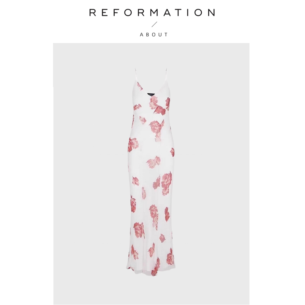 【现货】About Reformation夏V领真丝白色玫瑰印花吊带长裙度假风