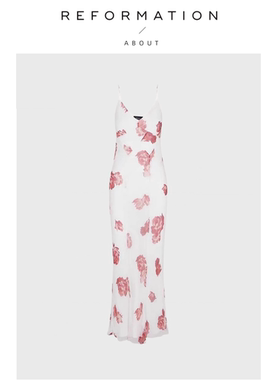 【现货】About Reformation夏V领真丝白色玫瑰印花吊带长裙度假风