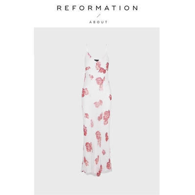 【现货】About Reformation夏V领真丝白色玫瑰印花吊带长裙度假风