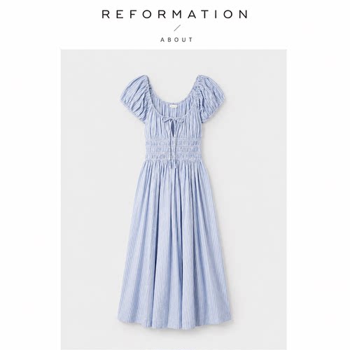 【现货】About Reformation蓝条纹方领度假收腰中长款连衣裙法式