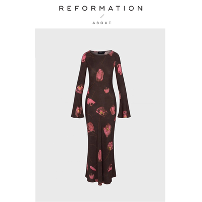 【现货】About Reformation圆领喇叭袖真丝斜裁长袖长裙法式复古