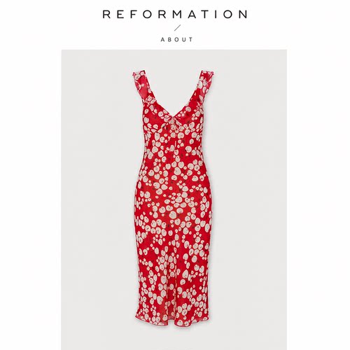 【现货】About Reformation真丝V领红苹果低胸斜裁连衣裙法式度假