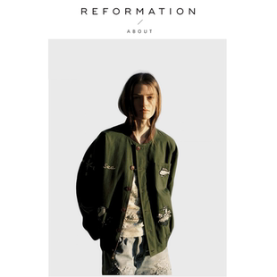 Reformation About Savi私服纽约夹克复古绿刺绣棒球外套 现货