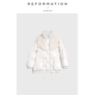 【现货】About Reformation奶呼呼~立领拉链羊羔毛拼接羽绒服外套