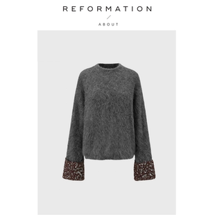 Reformation袖 About 口撞银箔纱半高领羊驼毛毛衣针织衫 现货