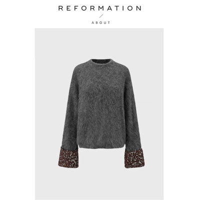 【现货】About Reformation袖口撞银箔纱半高领羊驼毛毛衣针织衫