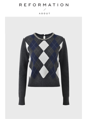 【现货】About Reformation重工钻饰气质菱格减龄套头上衣针织衫