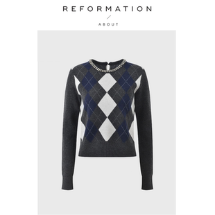 Reformation重工钻饰气质菱格减龄套头上衣针织衫 About 现货