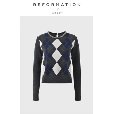 【现货】About Reformation重工钻饰气质菱格减龄套头上衣针织衫