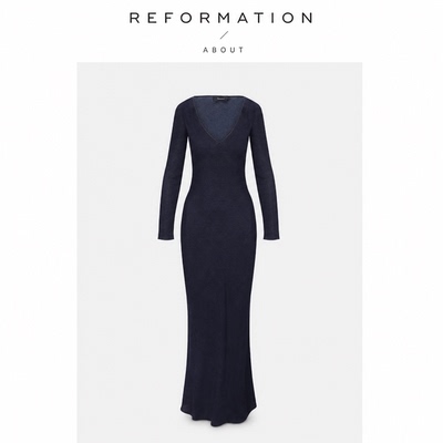 【现货】About Reformation黑蓝V领性感斜裁真丝印花长袖防晒度假