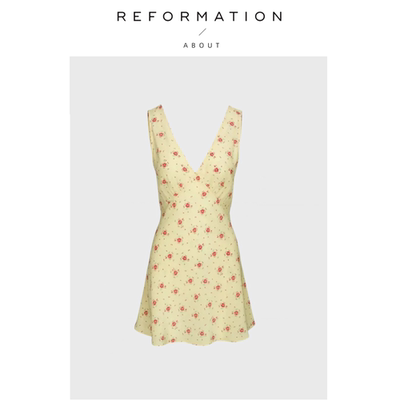 【现货】About Reformation连衣裙lu meng黄碎花无袖V领吊带短裙