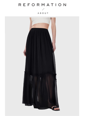 【现货】About Reformation桑蚕丝飘逸微透网纱拼接松紧腰长半裙