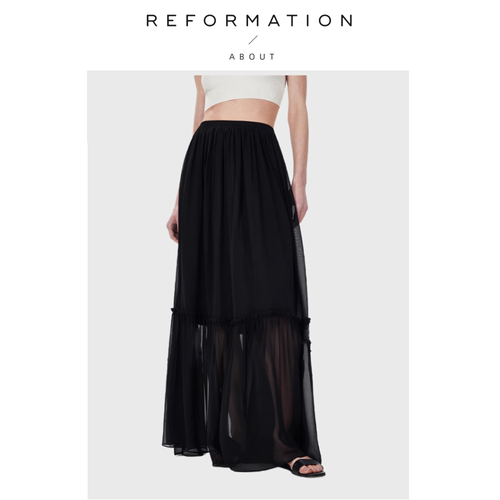 【现货】About Reformation桑蚕丝飘逸微透网纱拼接松紧腰长半裙