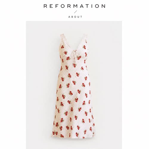 【现货】About Reformation波点红花V领无袖蕾丝边法式复古连衣裙