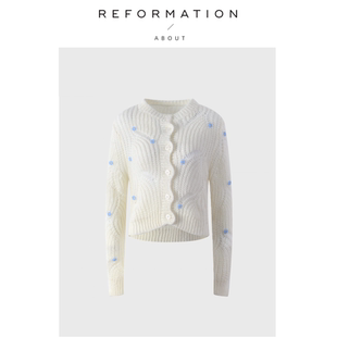 【现货】About Reformation镂空宽松温柔风针织外套圆领花朵毛衣