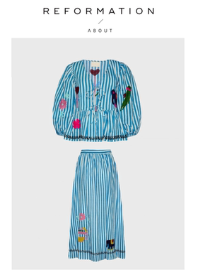 【现货】About Reformation丹麦衬衫+半裙棉蓝色条纹宽松衬衣长裙