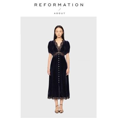 【现货】About Reformation天鹅绒连衣裙春季蕾丝泡泡袖收腰长裙
