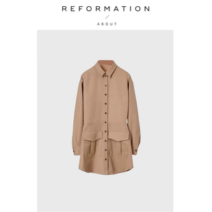 Reformation卡其色POLO领长袖 About 收腰连衣裙风衣外套 现货