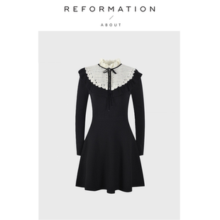 【现货】About Reformation法式花边领蝴蝶结洋装收腰长袖针织裙