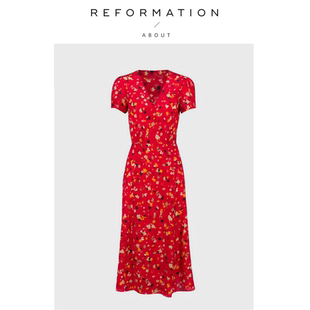 Reformation连衣裙法式 About 红色碎花系带裹身V领茶歇裙 现货