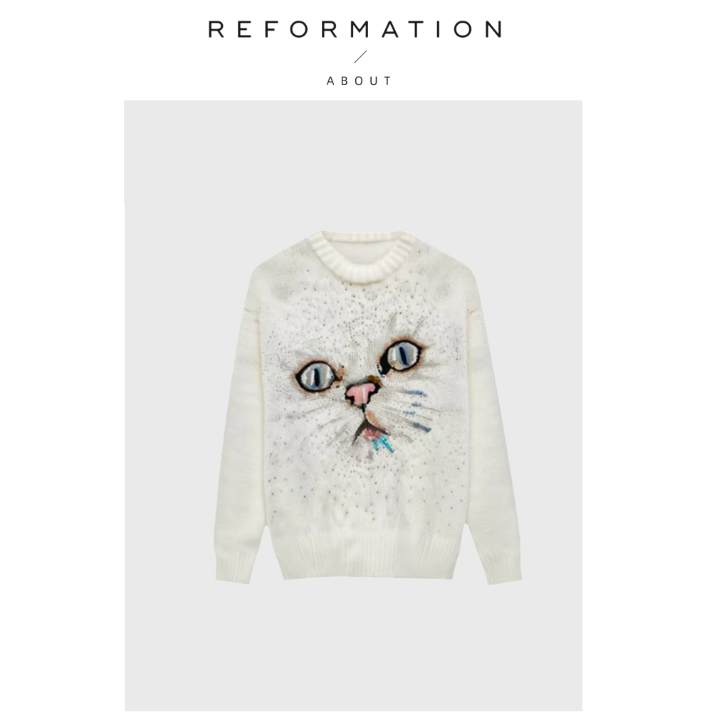 【现货】About Reformation猫咪珠片刺绣马海毛宽松针织衫毛衣女
