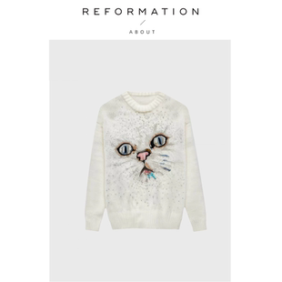 Reformation猫咪珠片刺绣马海毛宽松针织衫 About 毛衣女 现货