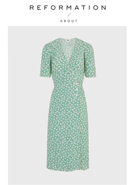 【现货】About Reformation法式裹身裙绿色碎花裙V领茶歇裙连衣裙