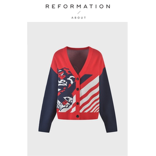 【现货】About Reformation撞色卡通兔子针织开衫时髦V领宽松外套