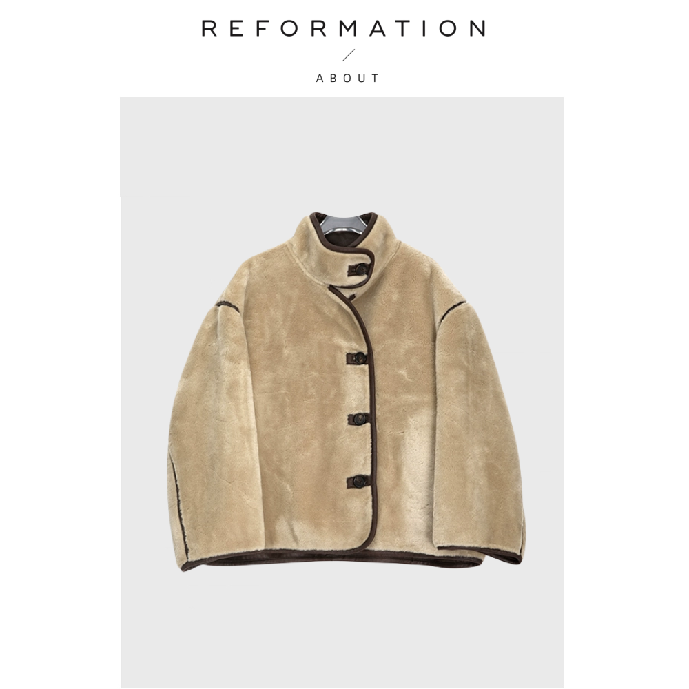 【现货】About Reformation立领撞色羊羔宽松单排扣短款外套夹克
