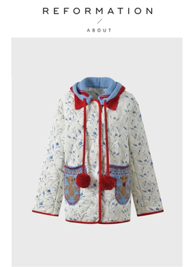 【现货】About Reformation小熊手套刺绣针织连帽撞色碎花外套