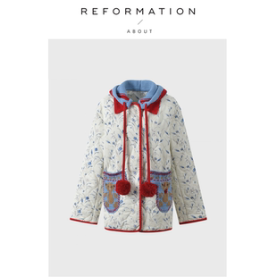 Reformation小熊手套刺绣针织连帽撞色碎花外套 About 现货