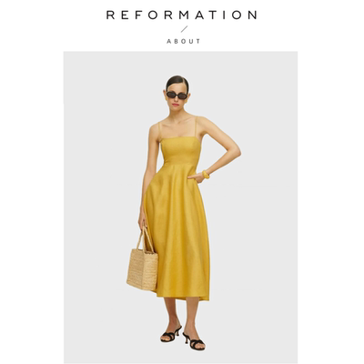 【现货】About Reformation方领修身吊带中长款连衣裙亚麻度假风