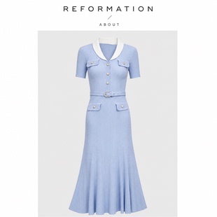 【现货】About Reformation法系衬衫收腰修身中长鱼尾针织连衣裙