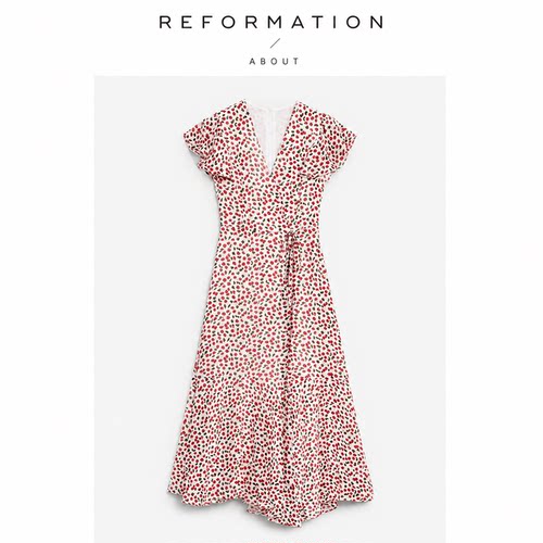 【现货】About Reformation夏法式抽褶鱼尾碎花V领显瘦中长连衣裙