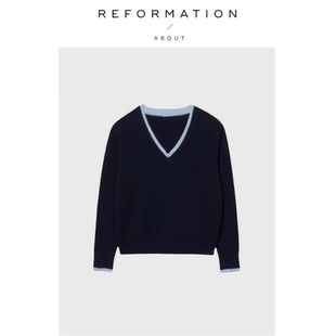 针织衫 Reformation经典 About 蓝色v领宽松轻薄毛衣上衣 现货
