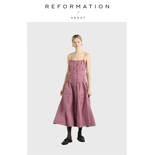 【现货】About Reformation海军领泡泡袖收腰法式格子吊带连衣裙