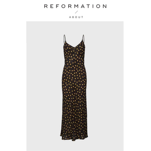 【现货】About Reformation连衣裙法式复古黑色黄圆点露背吊带女