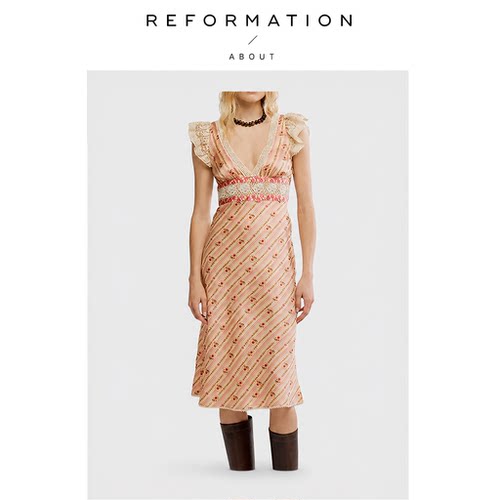 【现货】About Reformation美国碎花连衣裙夏季甜美v领收腰长裙