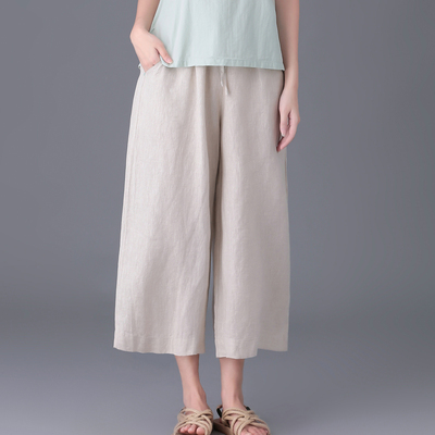 宽松松紧腰七分裤100%亚麻