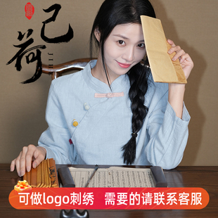 原创国风苎麻上衣女新款文艺复古短款开衫彩色扣斜襟茶服居士服秋