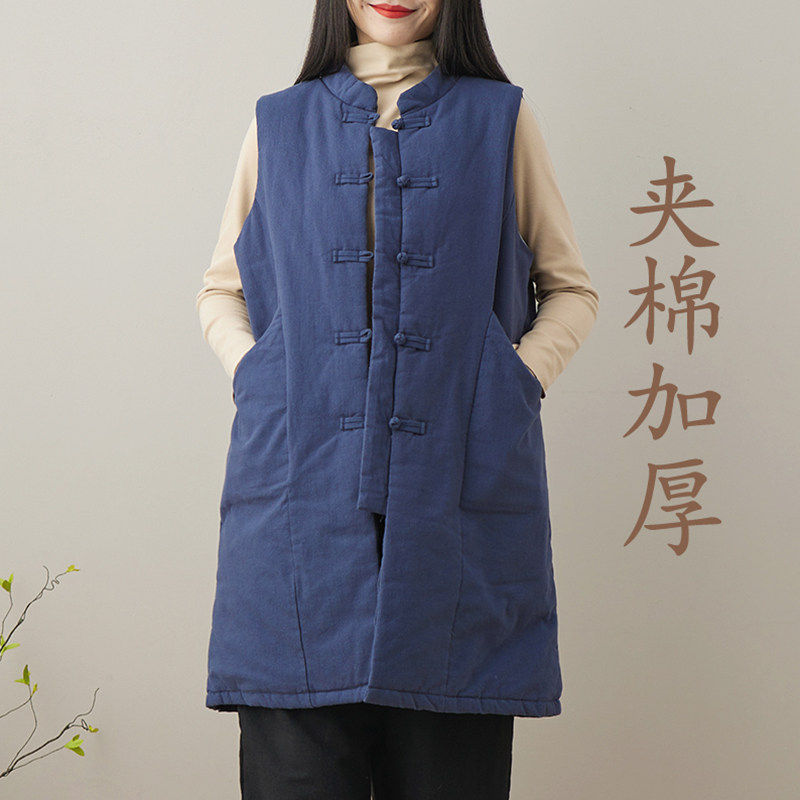 秋冬棉麻坎肩复古中式盘扣夹棉加厚民族风中长款背心马甲女款国潮
