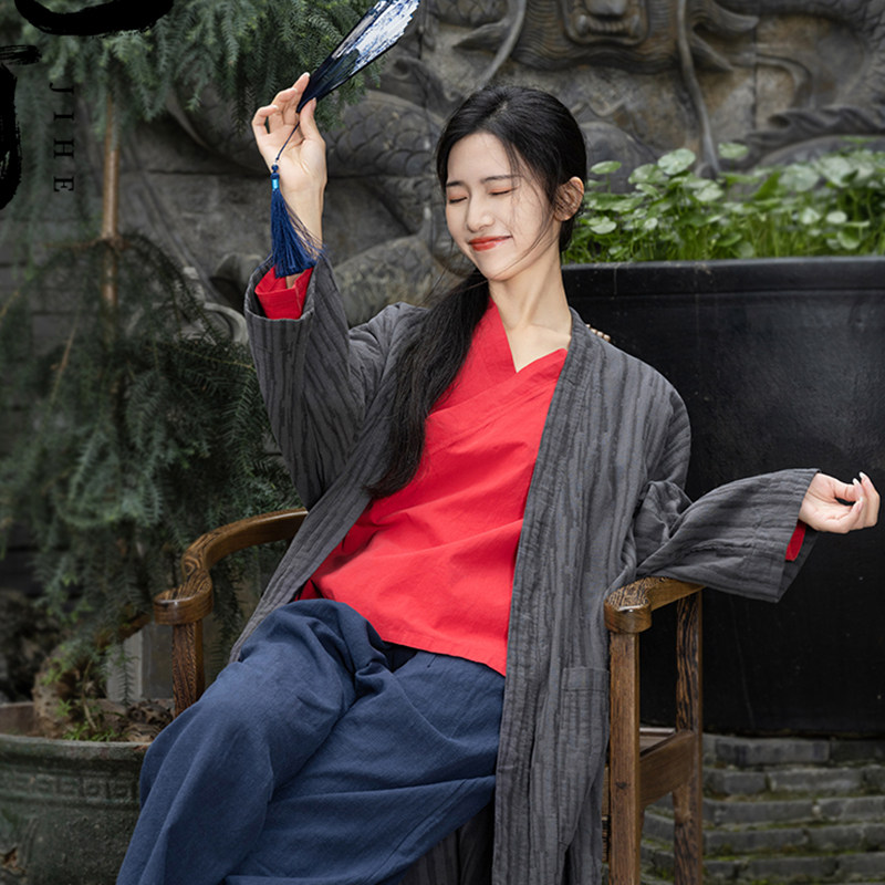 己荷原创宋制汉服改良汉元素长褙子外套百搭大衣对襟开衫女春秋款