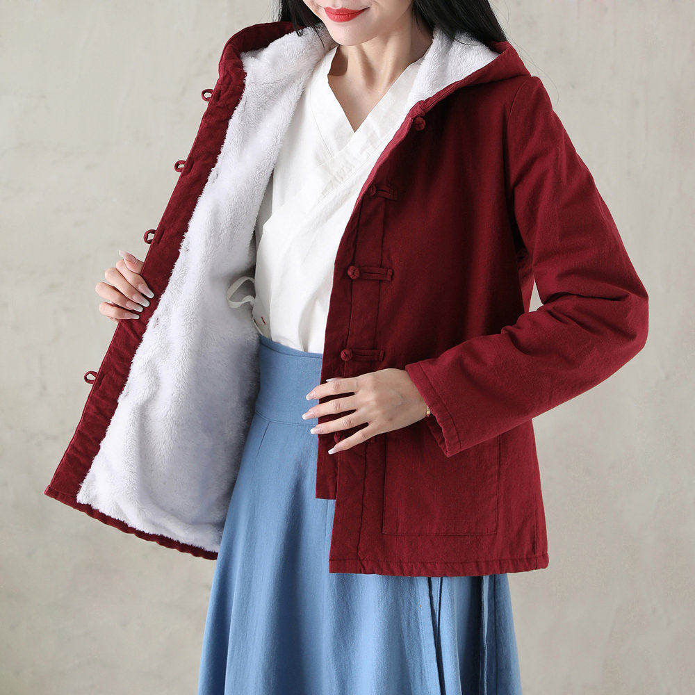 国潮女装中国风唐装棉服盘扣连帽卫衣年轻款外套秋冬加绒棉衣冬款
