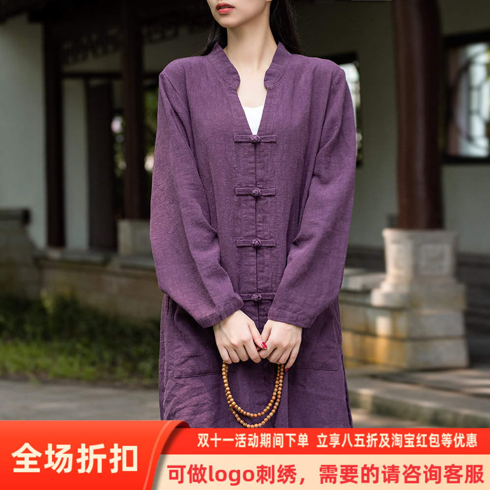 原创中国风高端亚麻居士服女上衣佛系中长款太极服v领禅修服春秋